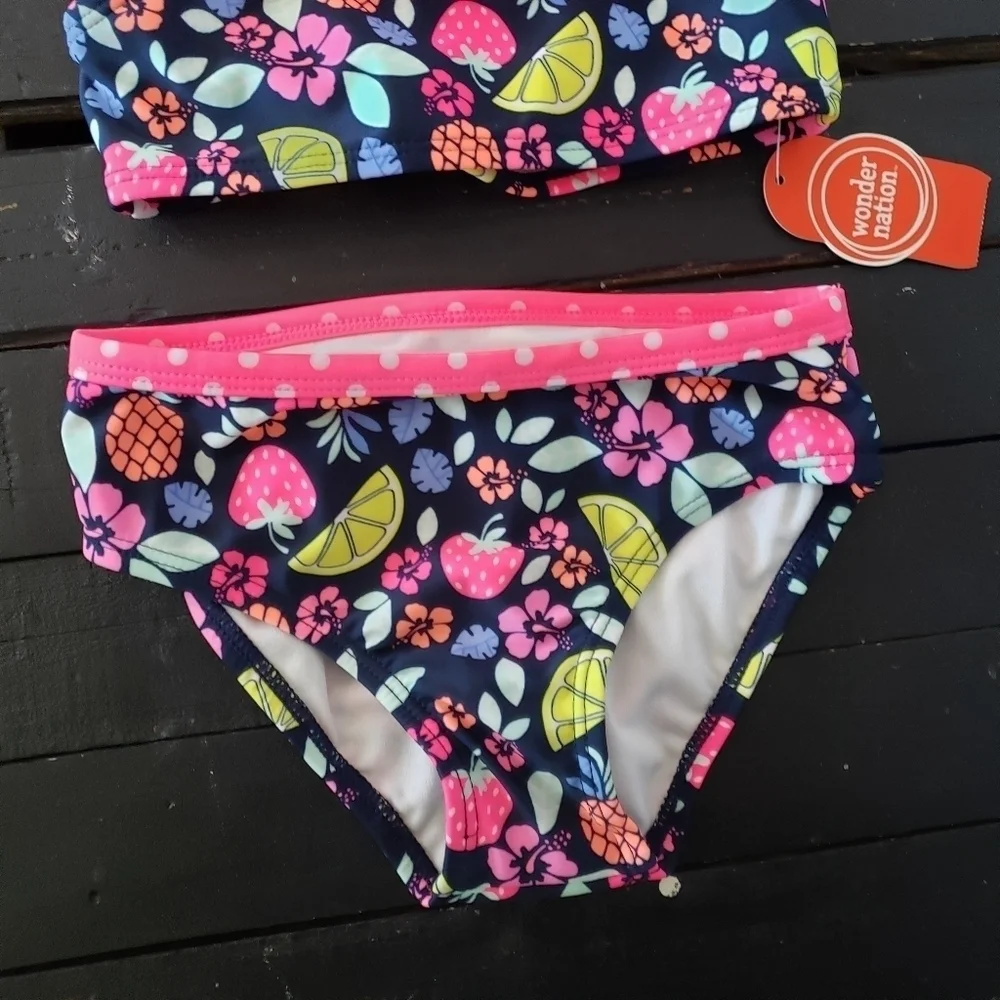 Wonder Nation NWT Toddler Girl 4T Bikini Swimsuit Navy Neon Pink Ruffle Fruit